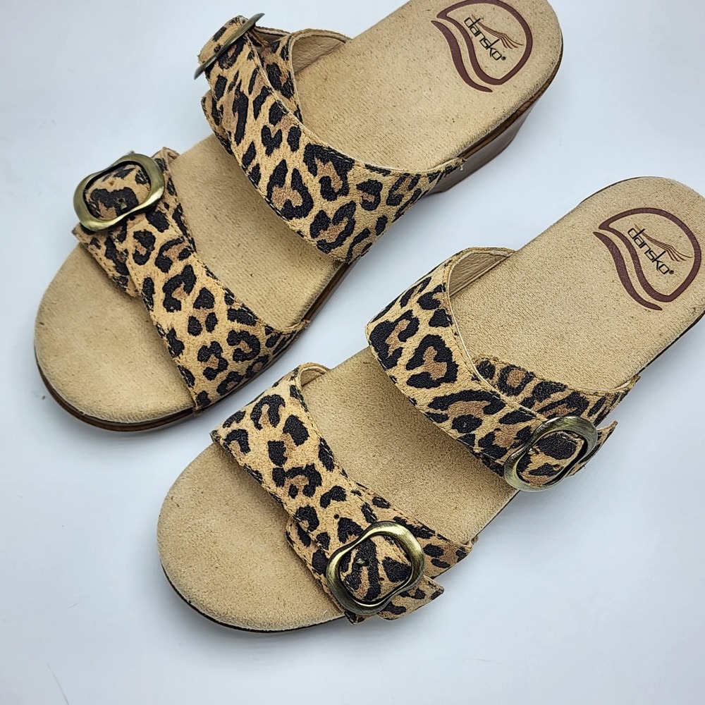 Dansko Leopard Print Leather Slide Sandals Womens 37 Wedge Buckle Size 6.5 - Picture 3 of 13
